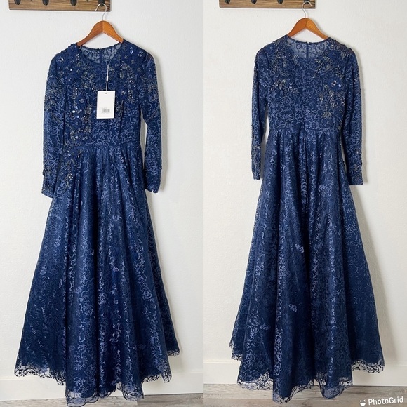 Mac Duggal Embellished Illusion Long Sleeve A Line Gown - Picture 2 of 10